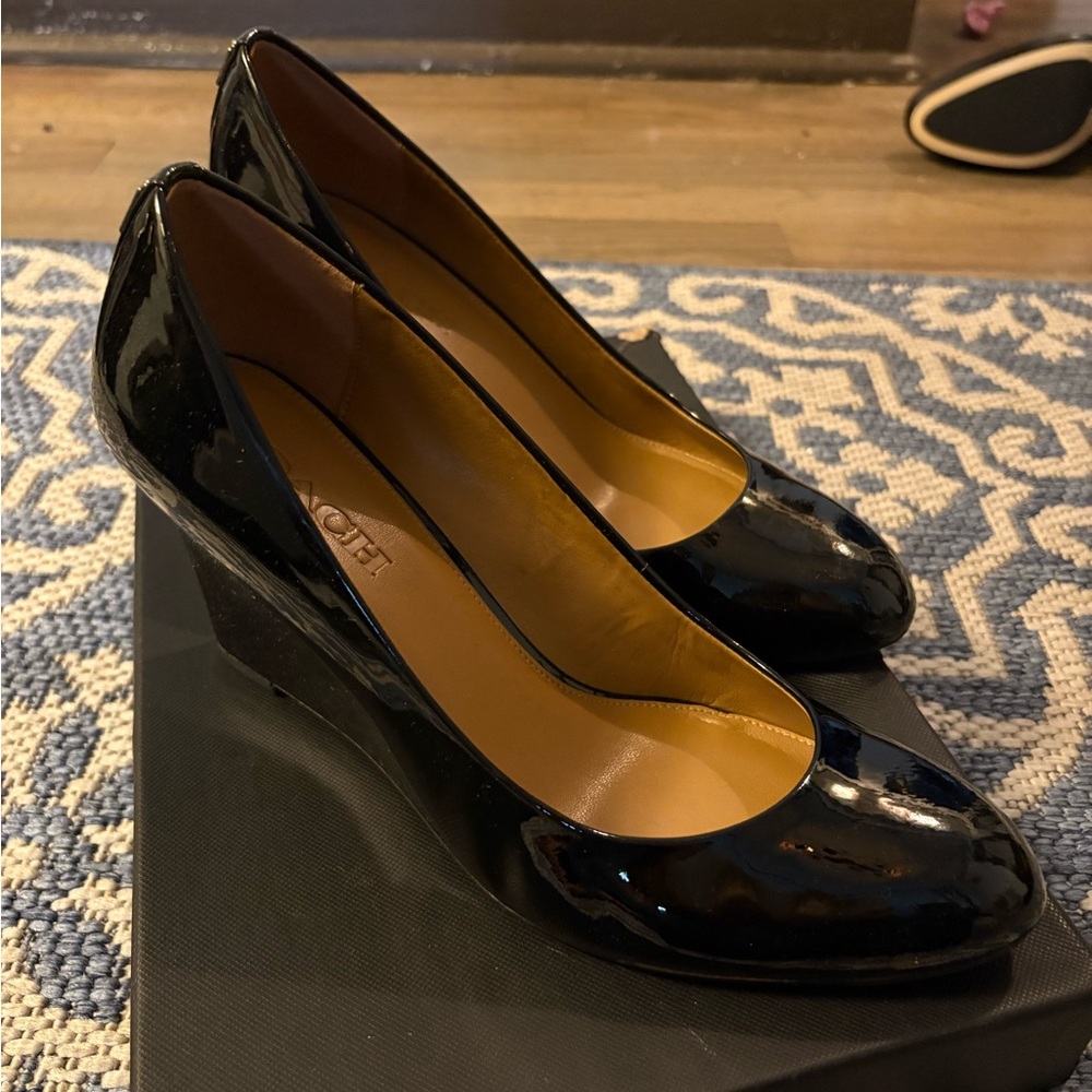 Coach Women's Black Patent Leather Heels Round Toe Wedge - Picture 3 of 4